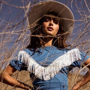100% cotton Blue Western Fringe Tee